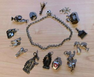Vintage Sterling Silver Charm Bracelet With 13 Silver Charms 30 Grams