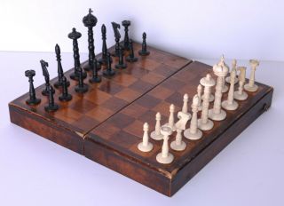 Antique Bone Chess Set With Wooden Box