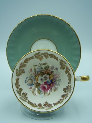 Vintage Aynsley Cup Saucer Green Color With Floral Bouquet And Gold Leaf Laurel