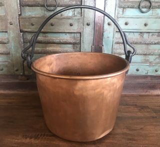 Antique Huge Hammered Copper Kettle Apple Butter Pot - Cauldron W/iron Handle