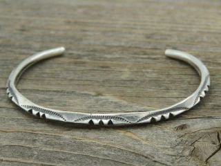 Vintage Navajo Signed Sterling Silver Notched Hand Stamped Thin Cuff Bracelet