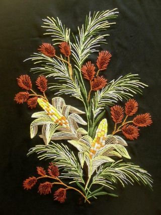 Vintage Hand Embroidered Wild Flowers On Black Completed Crewel Stitchery 30x25 "