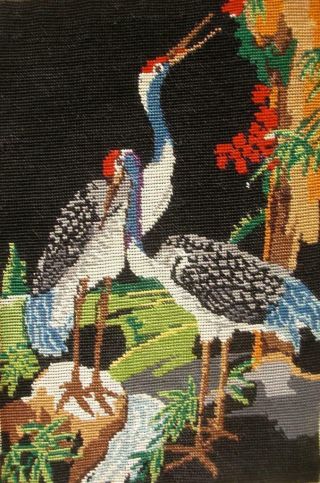 Complete Vintage Cotton Needlepoint Birds Crane In The Night Tapestry 17 " X11.  2 "