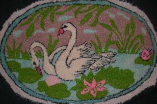 Vintage Punch Needlework Loop/ Plutch 2 Swans Birds Picture 24.  5 " X16 "
