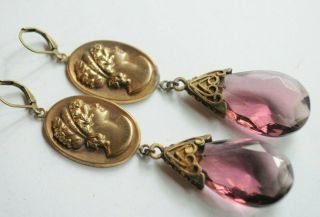Vintage Old Czech Earrings Jewelry Art Nouveau Cameo Lady Purple Glass Handmade