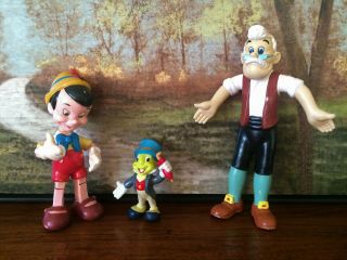 Vintage Pinocchio Jiminy Cricket & Geppetto Rubber Bend Ems Figures Disney