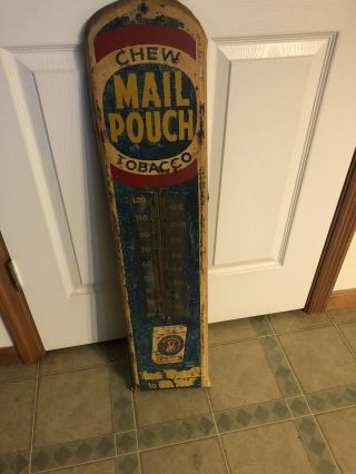Antique Tin Metal Chew Mail Pouch Tobacco Advertising Sign Thermometer