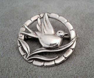 Vintage Sterling Silver Art Deco Bird On Branch In Circle Brooch - Estate Find