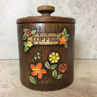 Vintage 70s Treasure Craft Brown Floral Coffee Canister Jar