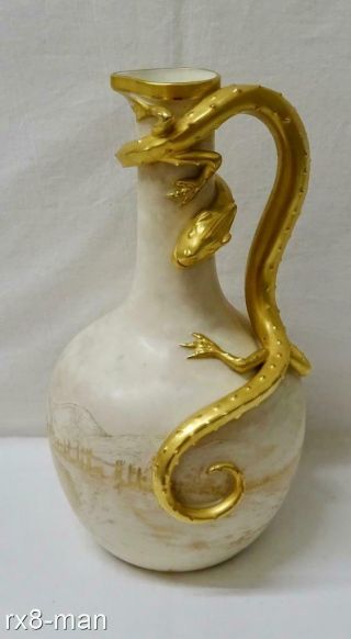 1887 Stunning Rare Antique Royal Worcester Gold Gilt Dragon Handled Ewer Jug