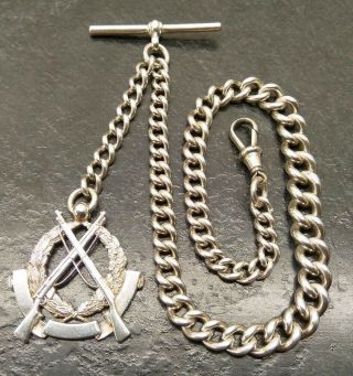 Antique Heavy Silver Graduated Curb Link Albert Pocket Watch Chain & Fob By B&s.
