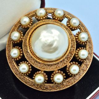 Vintage Brooch Sphinx Large 1960s Faux Pearl Ornate Goldtone Jewellery