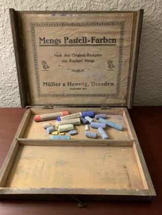 Antique Mengs Pastell - Farben Germany 1874 Wood Box Vtg Pastel Box Over 100 Yrs