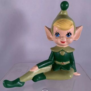 Vintage Christmas Pixie Elf Green Elf Figurine Ceramic Hand Painted 1976