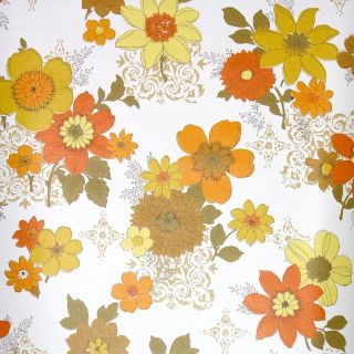 1970s Florals Vintage Wallpaper Orange Yellow Brown Flowers On White