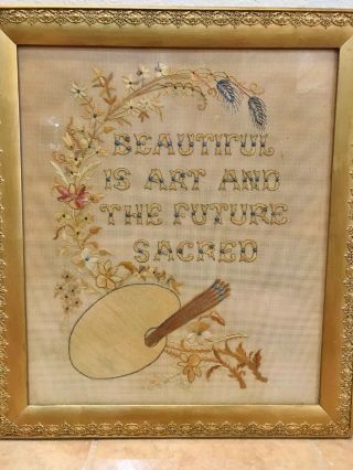 Vintage Hand Embroidered Tribute To Art & The Future On Linen Framed Needlework