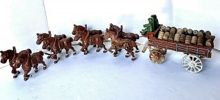 Vintage Cast Iron Horse Drawn Carriage Beer Barrels Clydesdale Wagon Flawed