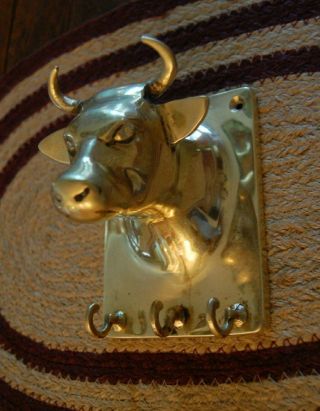 Vintage Solid Brass Wall Hanging Cow/bull Head With 3 Hooks