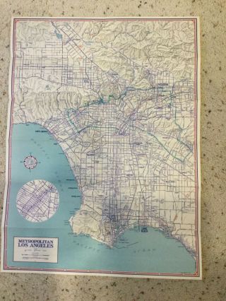 Metropolitan Los Angeles Vintage Road Map Automobile Club Of Southern California