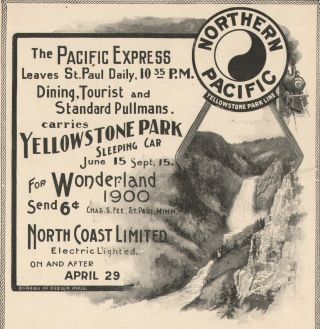 Vintage 1900 Northern Pacific Railroad Print Ad Yellowstone Park Water Falls