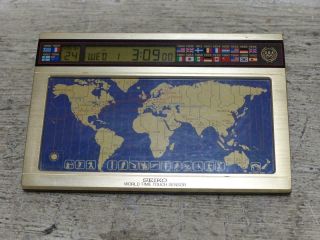 Seiko Olympics World 27 Time Zones Touch Sensor Desk Clock Map Japan Vintage