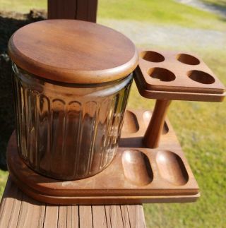 Vintage Walnut Wood Smoking Tobacco 4 Pipe Stand Holder Glass Jar Decatur Aztec