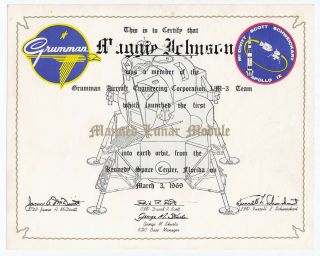 Vintage Apollo 9 Lunar Module Grumman Employee Certificate