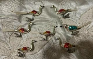 7 Vintage Mercury Glass Clip - On Bird Ornaments Peacock Finch Spun Glass Tail