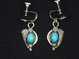 Vintage Old Navajo Turquoise Gemstone Sterling Earrings 1 " / 6.  5g