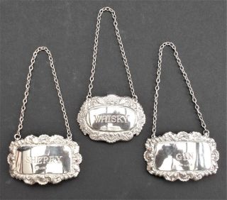 3 X Sterling Silver Bottle Decanter Labels,  Whisky Sherry & Gin 1977 &1978