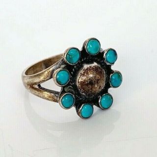 Vintage Navajo Flower Ring Turquoise & Sterling Silver 925 Native American Great