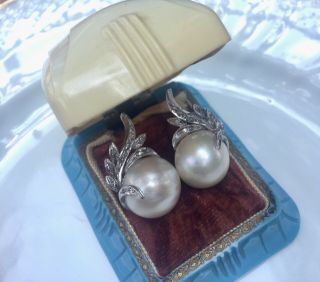 Vintage Antique Art Deco Estate Palladium Mabe Pearl Diamond Stud Earrings