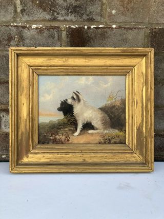 Antique 19th Century Terrier Dog Oil Painting - Two Dogs Looking Out To Sea