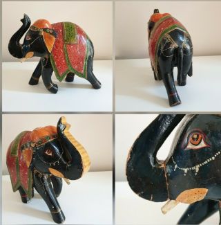 Vintage Indian Carved Wooden Large,  Hand Painted Teak Elephant.