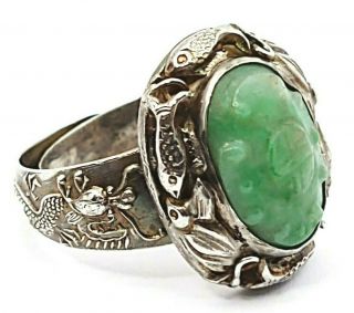 Antique Old Chinese Sterling Silver Carved Jade Ring Fish Dragon Signed