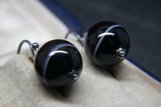 Fine Antique Victorian Silver & Banded Agate Bead Earrings