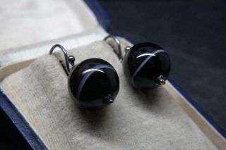 Fine Antique Victorian Silver & Banded Agate Bead Earrings 3