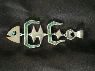 Vintage Taxco Mexican Sterling Silver Turquoise Inlay Fish Skeleton Pendant