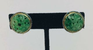 Antique Art Deco 14k Yellow Gold Carved Green Jade Seed Pearl Flower Earrings
