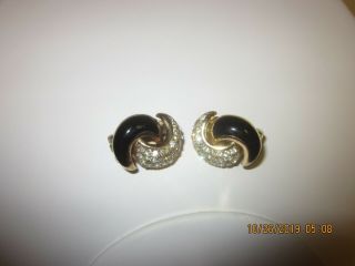 Vintage Christian Dior Pave Rhinestone Gold Tone & Black Clip On Earrings