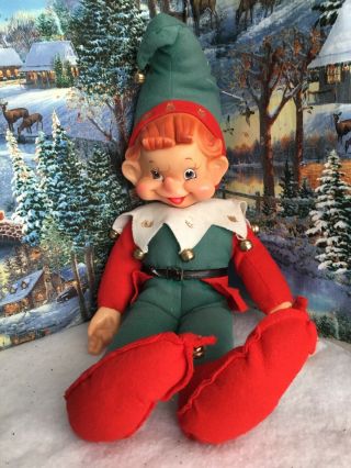 Vintage Christmas Pixie Elf 18” Large W/ Rubber Face Hands 1960’s Rushton?