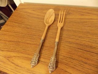 Wallace Grande Baroque Sterling Silver Handle Wooden Salad Fork & Spoon 11 " Ex