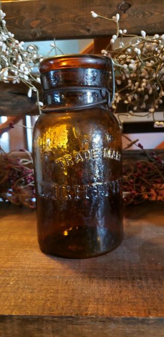 Crude 1880s Trademark Lightning Amber Quart Putnam 398 Antique Fruit Jar