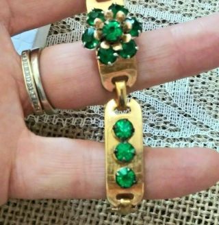 Vintage Designer Barclay Gold Tone Emerald Green Rhinestone Flower Bracelet
