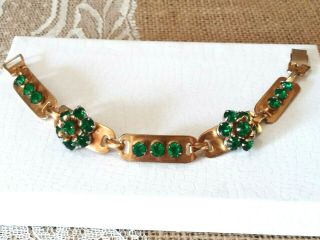 Vintage Designer Barclay Gold tone emerald green rhinestone flower Bracelet 2