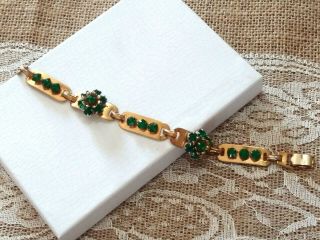 Vintage Designer Barclay Gold tone emerald green rhinestone flower Bracelet 3