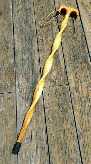 Vtg Handmade Wooden Cane Walking Stick Light Brown 1995 Craft Decor Art Cosplay