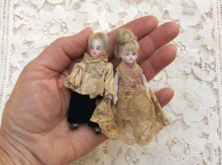 Antique German All Bisque Dollhouse Pair Miniature Children Boy &girl 3.  5” Dolls