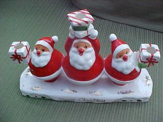 Vintage Santa Claus Candle Holder 3 Santas In A Row With A Base Merry Christmas