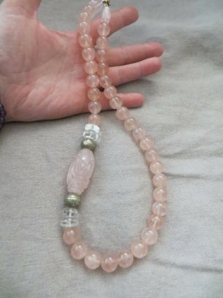 Vntg.  Old Chinese Export Hand Carved Rose Quartz Beads Necklace Sterling Clasp